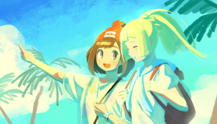 2girls absurdres bag beanie blonde_hair blush closed_eyes day grin hat highres lillie_(pokemon) long_hair multiple_girls open_mouth outdoors palm_tree pointing pokemon pokemon_sm ponytail red_hat selene_(pokemon) shirt short_hair short_sleeves sky smile teeth tree tut_nin upper_body upper_teeth_only z-ring