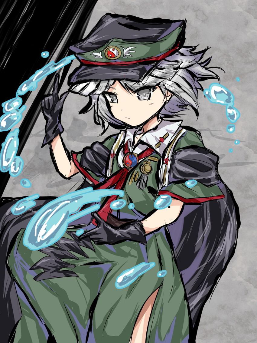 1other absurdres androgynous black_cape black_gloves black_hat cape closed_mouth collared_shirt commentary_request cowboy_shot dress fujiwara_no_shirogane_no_sanra gloves green_dress grey_eyes grey_hair hand_up hat highres len'en neck_ribbon other_focus peaked_cap red_ribbon red_trim ribbon shirt short_hair short_sleeves solo tokiame_(style) torenn white_shirt yin_yang