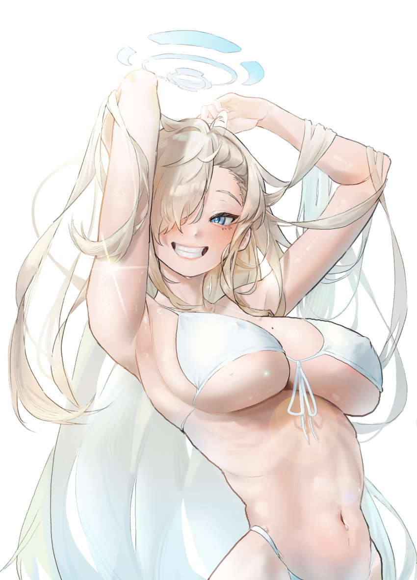 1girl absurdres armpits arms_up asuna_(blue_archive) bare_shoulders bikini blonde_hair blue_archive blue_eyes breasts commentary grin highres large_breasts long_hair looking_at_viewer navel simple_background smile solo stomach swimsuit upper_body uth_95 very_long_hair white_background white_bikini