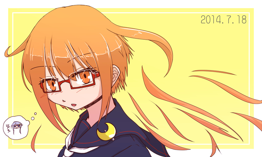 2014 alternate_hair_length alternate_hairstyle blush commentary_request crescent dated glasses kantai_collection mochizuki_(kantai_collection) orange_eyes orange_hair short_hair solo thought_bubble uniform usui_ryuusan yayoi_(kantai_collection)