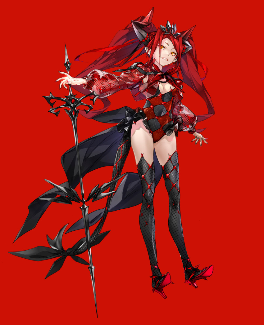 1girl black_horns black_tail black_thighhighs diamond_pattern english_commentary gradient_horns grin high_heels highres horn_ornament horns leotard long_hair looking_at_viewer multicolored_horns original pointy_ears red_background red_footwear red_hair red_theme redjuice see-through see-through_sleeves sharp_teeth short_eyebrows shrug_(clothing) simple_background smile solo sword teeth thick_eyebrows thighhighs tiara twintails very_long_hair weapon yellow_eyes