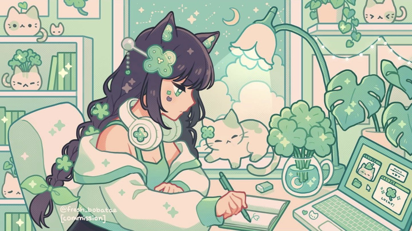 1girl animal_ears black_hair book bookshelf bow braid cat cat_ears cat_girl clover clover_hair_ornament commission computer constellation crescent_moon desk desk_lamp emily_kim fairy_lights four-leaf_clover green_bow green_cat green_cloud green_eyes green_jacket green_shirt green_sky green_theme hair_ornament headphones headphones_around_neck holding holding_pen indoors jacket lamp laptop leaf lofi_girl_(youtube) monstera_deliciosa moon notebook original pen shirt sparkle sticker_on_face tank_top twin_braids twitter_username vase white_jacket window