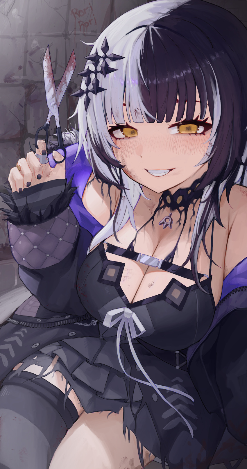 1girl absurdres black_choker black_coat black_dress black_hair black_nails black_thighhighs blush breasts choker cleavage coat dress grey_hair highres holding holding_scissors hololive hololive_english lace-trimmed_choker lace_trim large_breasts long_hair looking_at_viewer multicolored_hair nail_polish rorirori_(rorirori45) scissors shiori_novella shiori_novella_(1st_costume) single_thighhigh sleeveless sleeveless_dress smile solo split-color_hair thighhighs virtual_youtuber
