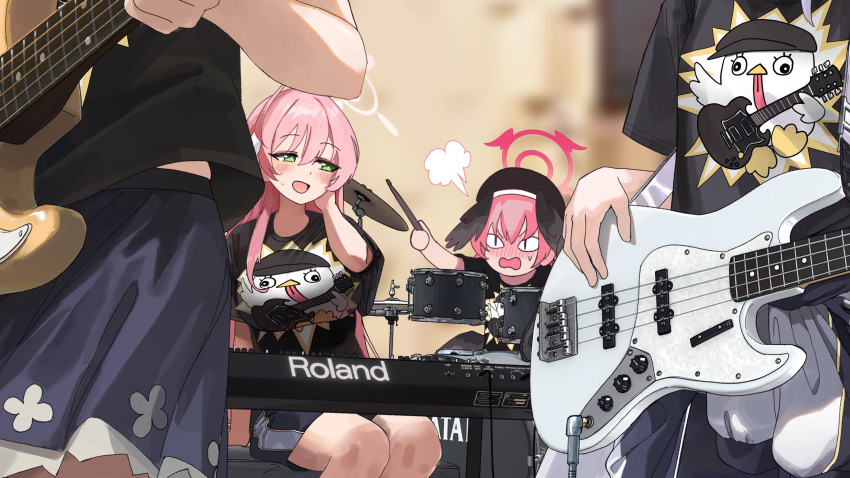 &lt;|&gt;_&lt;|&gt; 4girls absurdres azusa_(blue_archive) black_hat black_shirt black_shorts black_skirt blue_archive blurry blurry_background blush drum drum_set drumsticks green_eyes guitar halo hanako_(blue_archive) hashtag-only_commentary hat head_wings hifumi_(blue_archive) highres holding holding_drumsticks holding_instrument instrument keyboard_(instrument) koharu_(blue_archive) long_hair looking_at_another make-up_work_club_(blue_archive) mo_ne multiple_girls music open_mouth peroro_(blue_archive) pink_hair playing_instrument puff_of_air red_halo shirt short_sleeves shorts sitting skirt t-shirt wings