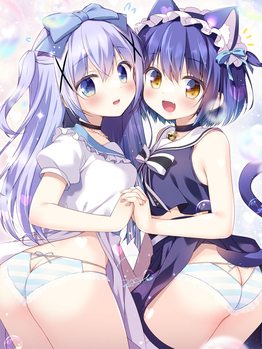 2girls animal_ears ass ass_cutout bell black_choker black_skirt blue_eyes blue_hair blue_sailor_collar blush bow brown_eyes butt_crack cat_ears cat_tail choker clothing_cutout commentary_request dress fang gochuumon_wa_usagi_desu_ka? hair_bow hairy highres interlocked_fingers jouga_maya kafuu_chino looking_at_viewer maid_headdress multiple_girls neck_bell open_mouth panties sailor_collar sasai_saji short_hair short_sleeves skirt smile standing striped_clothes striped_panties tail two_side_up underwear white_dress white_sailor_collar