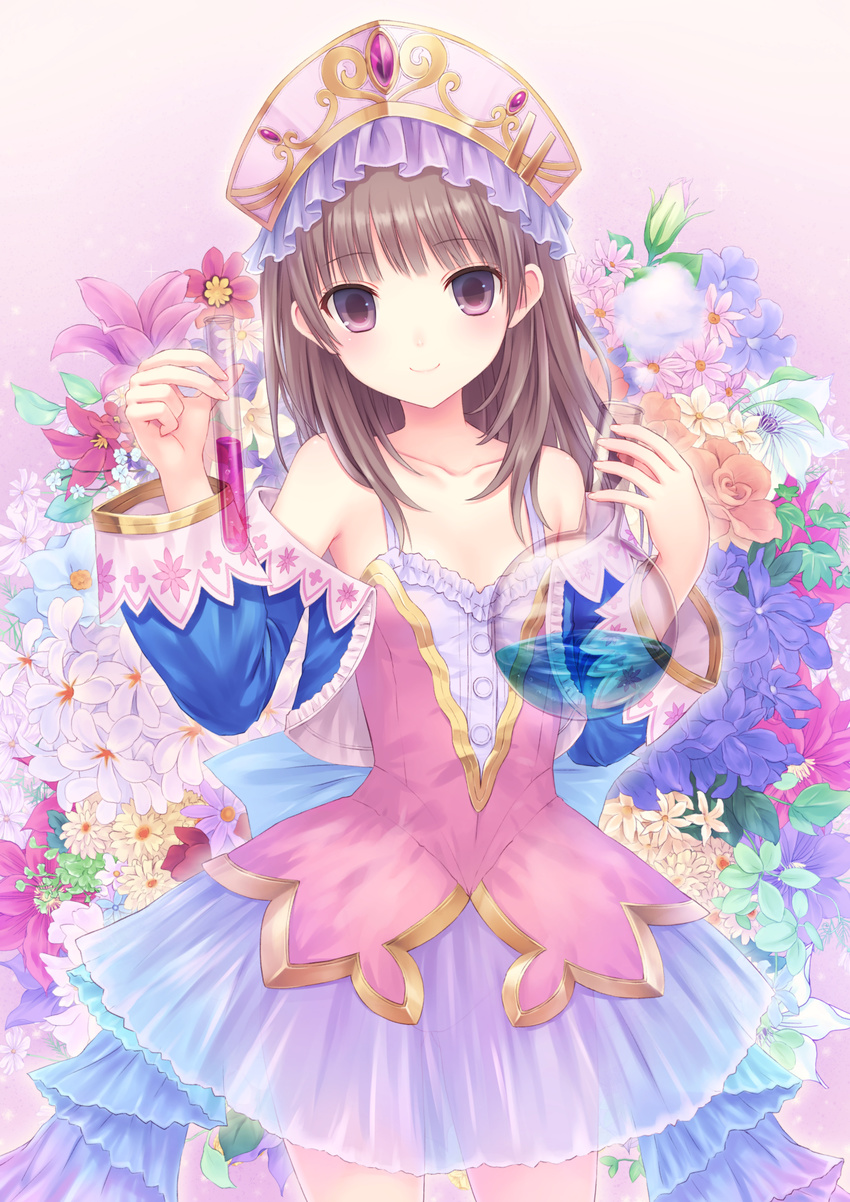 atelier_(series) atelier_totori back_bow banned_artist bare_shoulders blue_sleeves blush bow brown_hair collarbone cowboy_shot flower hat highres holding long_hair long_sleeves n.g. no_panties off_shoulder purple_eyes round-bottom_flask see-through skirt smile solo sparkle test_tube totooria_helmold