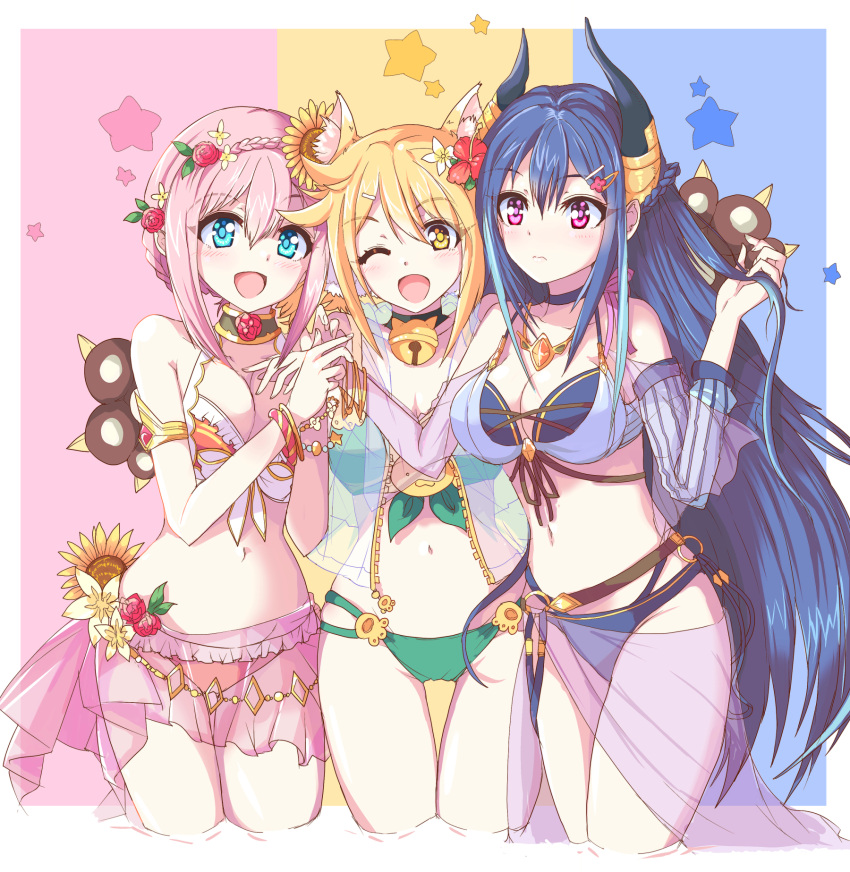 3: 3girls :d ;d alternate_breast_size animal_ear_fluff animal_ears animal_hands armlet bikini black_bikini black_horns blue_background blue_eyes blue_hair border bow bow_bikini bracelet braid breasts cat_ears cat_girl cat_paws closed_mouth commentary cropped_legs crown_braid dark_blue_hair flower frilled_bikini frills front-tie_bikini_top front-tie_top gloves green_bikini hair_between_eyes hair_flower hair_ornament halterneck highres hiyori_(princess_connect!) hiyori_(summer)_(princess_connect!) holding holding_hair horns jewelry large_breasts long_hair looking_at_another looking_at_viewer multicolored_background multiple_girls necklace o-ring o-ring_bottom official_alternate_costume one_eye_closed open_mouth orange_hair paw_gloves pink_background pink_hair princess_connect! purple_eyes red_bikini red_flower red_rose rei_(princess_connect!) rei_(summer)_(princess_connect!) rose sarong see-through see-through_sarong short_hair short_hair_with_long_locks sidelocks smile starry_background sunflower sunflower_hair_ornament swimsuit two-tone_bikini very_long_hair white_bikini white_border white_bow yamada_(hvcij) yellow_background yellow_eyes yui_(princess_connect!) yui_(summer)_(princess_connect!)