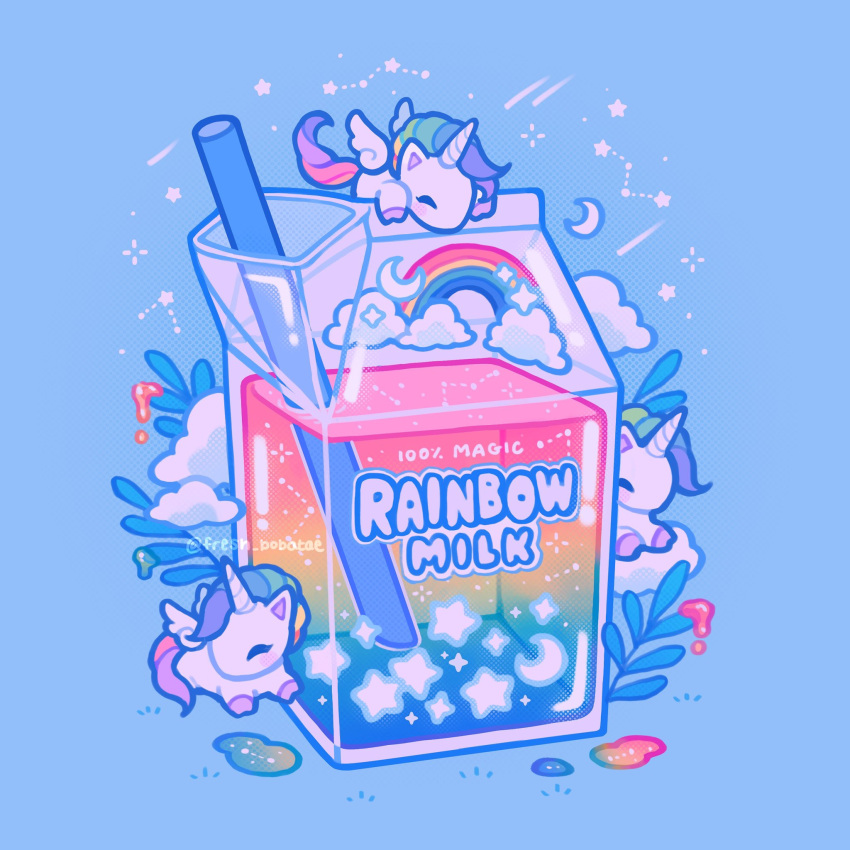 blue_background cloud constellation crescent_moon drinking_straw emily_kim food highres leaf liquid milk_carton moon multicolored_hair no_humans original pastel_colors rainbow rainbow_gradient rainbow_hair shooting_star simple_background sparkle star_(sky) star_(symbol) twitter_username unicorn winged_unicorn