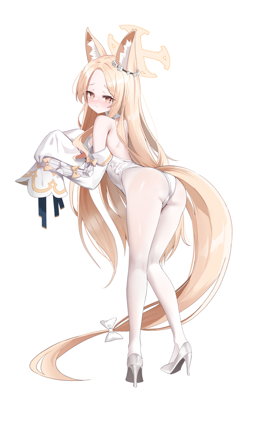 1girl absurdly_long_hair absurdres alternate_costume animal_ear_fluff animal_ears ass backless_leotard bare_shoulders blue_archive bow cruciform_halo detached_sleeves flower_wreath forehead fox_ears from_behind gradient_eyes hair_bow halo high_heels highres j.j_(66752902) knees_together_feet_apart leotard long_hair looking_at_viewer looking_back low-tied_long_hair multicolored_eyes pantyhose pigeon-toed seia_(blue_archive) sleeve_bow sleeves_past_fingers sleeves_past_wrists solo striped_clothes striped_pantyhose vertical-striped_clothes vertical-striped_pantyhose very_long_hair white_background white_leotard white_pantyhose yellow_halo