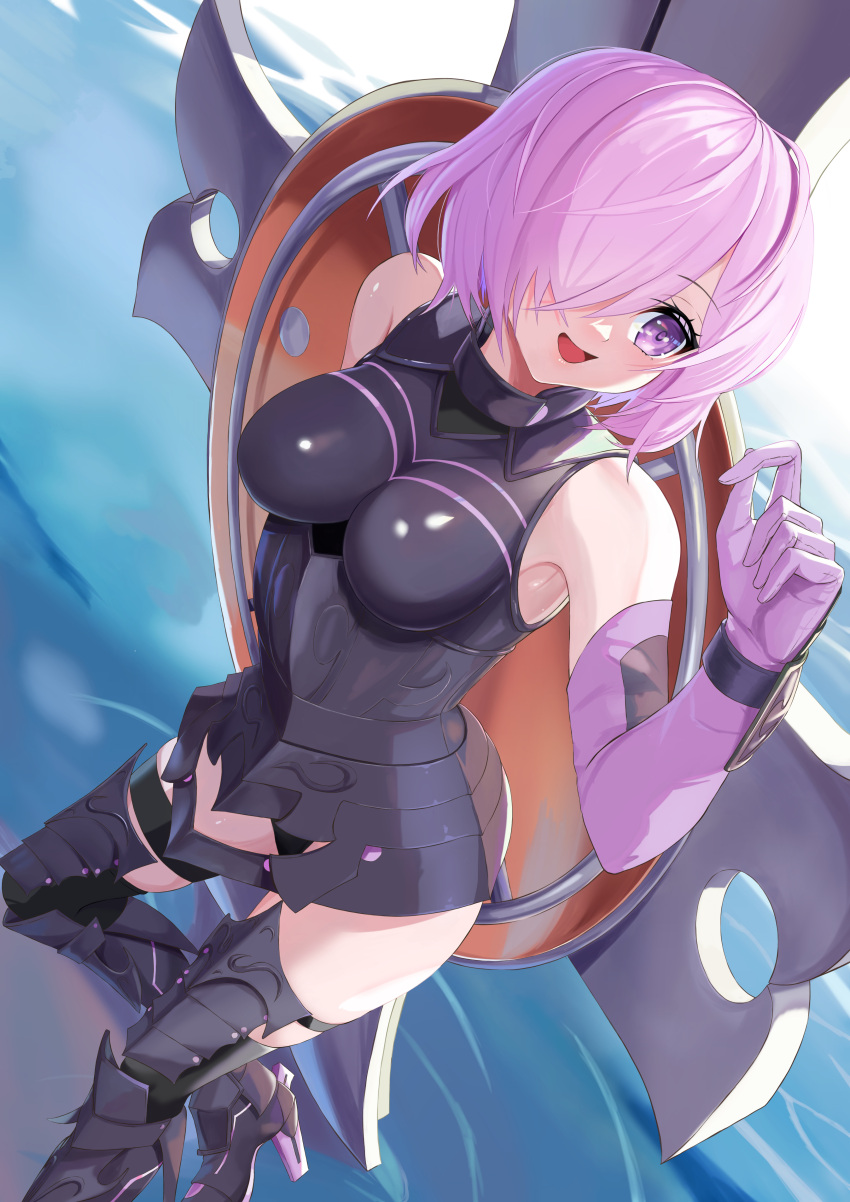 1girl absurdres armor armored_boots armored_leotard bare_shoulders black_armor boobplate boots elbow_gloves fate/grand_order fate_(series) gloves hair_over_one_eye highres mash_kyrielight mixed-language_commentary one_eye_covered open_mouth pink_hair purple_eyes purple_gloves shield short_hair smile solo user_jmtm3733 water