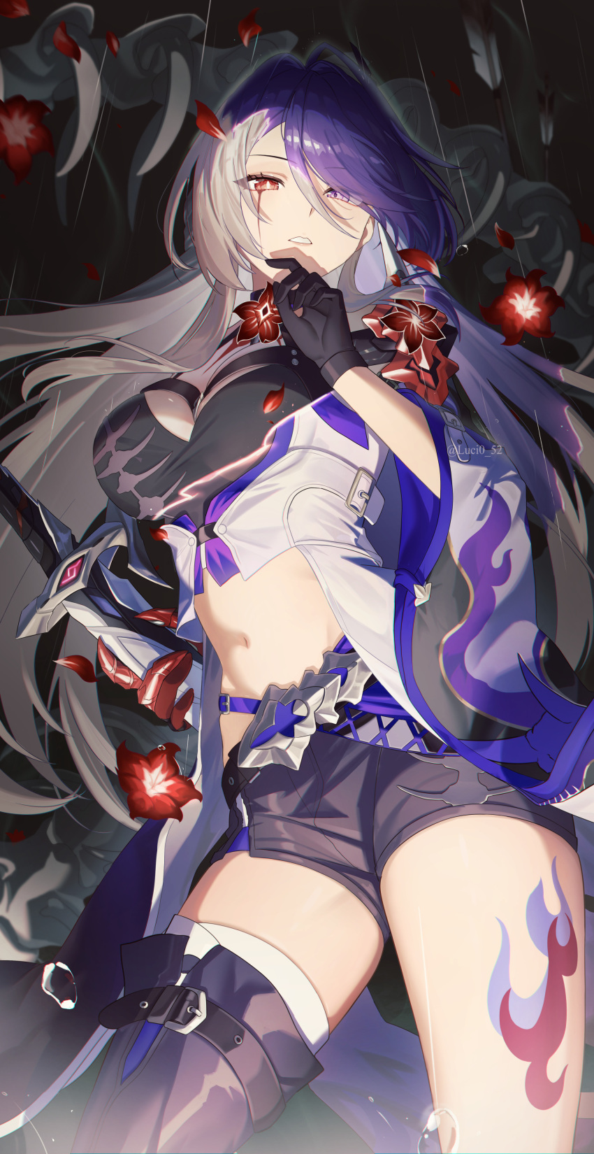 1girl absurdres acheron_(honkai:_star_rail) asymmetrical_legwear bandaged_leg bandages belt black_belt black_choker black_gloves black_shorts blood blood_from_eyes boots breasts bright_pupils choker cleavage coat eyes_visible_through_hair flower gloves hair_over_one_eye highres holding holding_sword holding_weapon honkai:_star_rail honkai_(series) katana leg_tattoo long_hair looking_at_viewer lucy_(rusi-juren328) midriff multicolored_eyes multicolored_hair navel official_alternate_hair_color parted_lips purple_eyes purple_hair rain red_eyes red_flower shorts single_glove single_thigh_boot solo sword tattoo thigh_boots thighs twitter_username very_long_hair weapon white_coat white_hair white_pupils