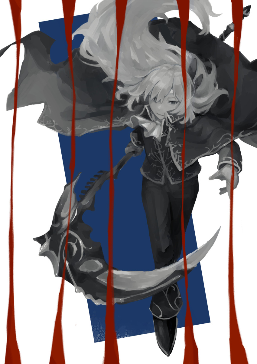 1boy absurdres argalia_(project_moon) ascot asumi_ensen closed_mouth floating_hair full_body gloves greyscale greyscale_with_colored_background highres holding holding_scythe jacket library_of_ruina long_hair male_focus monochrome pants project_moon scythe shoes smile solo very_long_hair