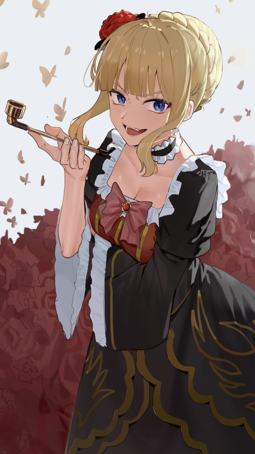 1girl absurdres beatrice_(umineko) black_dress blonde_hair blue_eyes blunt_bangs breasts choker cleavage commentary_request cowboy_shot dress flower framed_breasts frilled_choker frilled_sleeves frills goback hair_flower hair_ornament hand_up highres holding holding_smoking_pipe long_sleeves looking_at_viewer open_mouth red_flower red_rose rose short_hair sidelocks smile smoking_pipe solo umineko_no_naku_koro_ni wide_sleeves