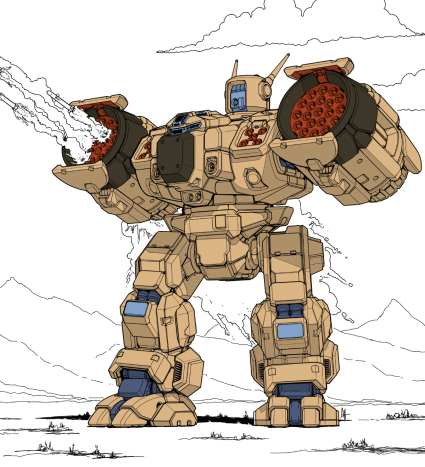 battletech choujikuu_yousai_macross darkton-artemis destroid energy_cannon firing hatch highres light machinery macross mecha missile missile_pod no_humans original phalanx_(destroid) redesign robot robotech science_fiction signature smoke u.n._spacy walker_(robot)