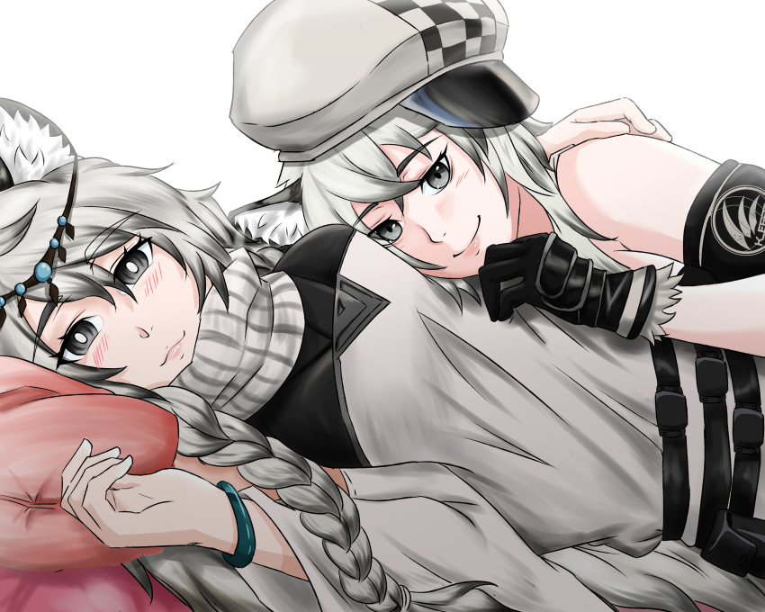 2girls aariyoo absurdres animal_ear_fluff animal_ears arknights arm_around_back arm_rest bare_shoulders black_hair blush braid breasts bright_pupils cabbie_hat checkered_clothes checkered_headwear cliffheart_(arknights) closed_mouth crossed_bangs dress eyelashes from_side gloves grey_eyes grey_hair hair_between_eyes hand_on_another's_shoulder hand_rest hat head_chain head_on_pillow highres jewelry lips long_hair looking_at_viewer lying lying_on_person multicolored_hair multiple_girls on_back parted_bangs pillow pramanix_(arknights) siblings side_braids sisters sleeveless smile snow_leopard_ears taut_clothes turtleneck turtleneck_dress twin_braids two-tone_hair very_long_hair white_pupils