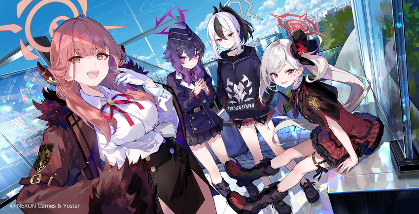 4girls aru_(blue_archive) black_footwear black_hair black_skirt blue_archive boots closed_mouth collar collared_shirt demon_horns fuzichoco gloves hair_between_eyes halo haruka_(blue_archive) highres horns kayoko_(blue_archive) long_hair long_sleeves looking_at_viewer multicolored_hair multiple_girls mutsuki_(blue_archive) official_art open_mouth outdoors pointy_ears ponytail problem_solver_68_(blue_archive) purple_eyes red_eyes red_hair red_ribbon ribbon shirt short_hair_with_long_locks side_ponytail sitting skirt smile standing streaked_hair teeth upper_teeth_only white_collar white_gloves white_hair white_shirt yellow_eyes