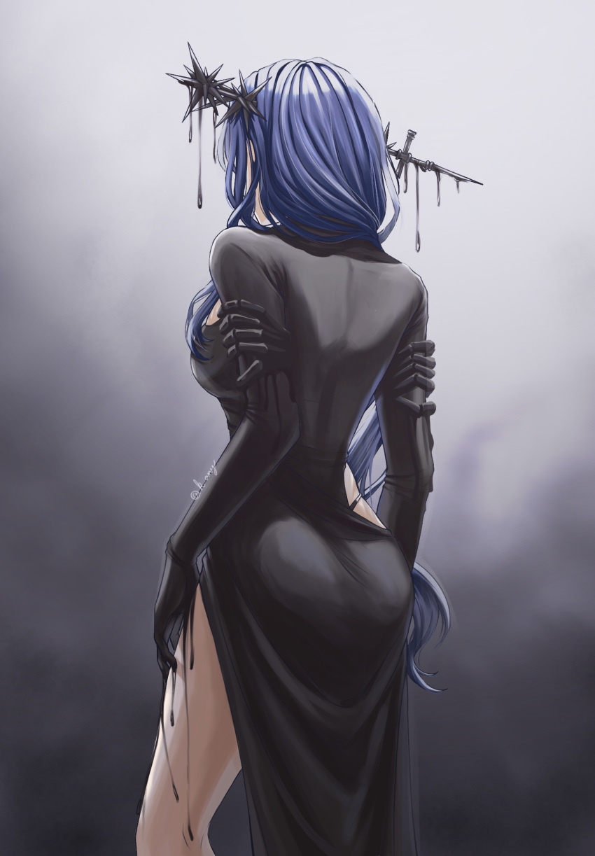 1girl arcana_(reverse:1999) ass black_dress black_gloves black_liquid blue_hair breasts cowboy_shot dress elbow_gloves facing_away from_behind gloves gradient_background grey_background highres hip_vent kany_art long_dress long_hair long_sleeves reverse:1999 side_slit solo very_long_hair wand_in_head