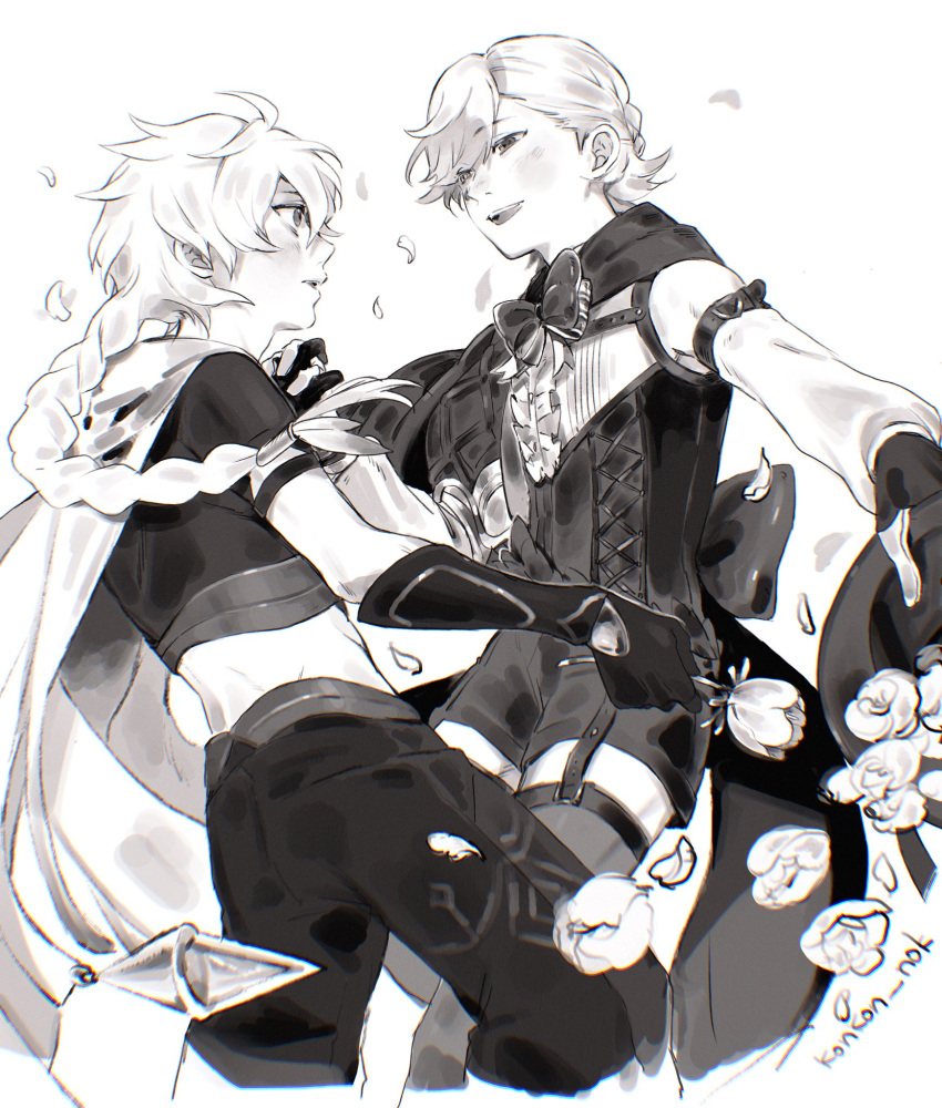 2boys aether_(genshin_impact) ahoge arm_armor artist_name back_bow blush bow bowtie braid cape corset detached_sleeves flower frills garter_belt genshin_impact gloves greyscale hair_between_eyes hair_ornament highres holding holding_flower holding_hands konkon_nok leaf long_hair long_sleeves looking_at_another lyney_(genshin_impact) male_focus monochrome multiple_boys no_headwear open_mouth pants petals puffy_detached_sleeves puffy_long_sleeves puffy_sleeves rose scarf shirt short_hair short_sleeves shorts simple_background single_bare_shoulder smile striped_bow striped_bowtie striped_clothes teeth thighhighs tongue two-tone_gloves