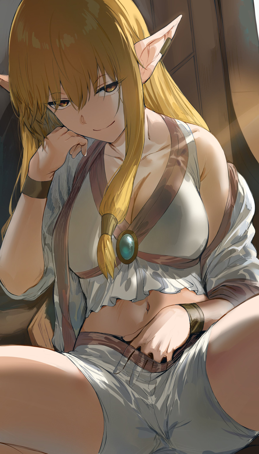 1girl absurdres blonde_hair breasts brooch cleavage closed_mouth earclip elbow_rest elf hair_between_eyes hair_tubes hand_under_clothes hand_under_shorts head_rest hews highres jewelry large_breasts long_hair looking_at_viewer midriff navel pointy_ears revision robe serie_(sousou_no_frieren) short_shorts shorts sidelighting sidelocks sitting smile solo sousou_no_frieren spread_legs thighs white_shorts yellow_eyes