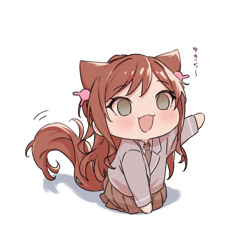 1girl :3 animal_ears bang_dream! blush brown_hair brown_necktie brown_skirt cat_ears cat_girl cat_tail chibi collared_shirt commentary full_body grey_eyes grey_jacket haneoka_school_uniform highres imai_lisa jacket kemonomimi_mode long_hair long_sleeves necktie open_mouth pleated_skirt school_uniform shirt simple_background skirt solo sou_(kanade_3344) tail translated waving white_background white_shirt