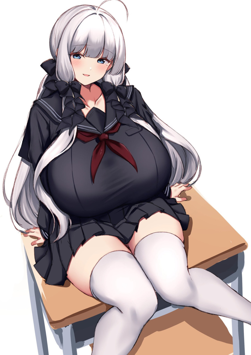 1girl ahoge alternate_costume arashiki_mamizu azur_lane black_shirt black_skirt blue_eyes blunt_bangs blush breasts collarbone commentary_request desk hair_ornament hair_ribbon highres huge_breasts illustrious_(azur_lane) long_hair looking_at_viewer mole mole_under_eye neckerchief on_desk red_neckerchief ribbon school_uniform shirt sidelocks simple_background sitting skirt smile solo thighhighs very_long_hair white_background white_hair white_thighhighs zettai_ryouiki