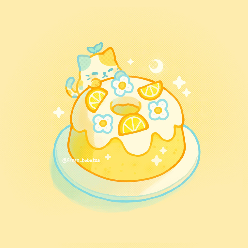 bundt_cake cake cat crescent_moon emily_kim food food_focus fruit green_cat highres icing lemon lemon_blossoms lemon_cake lemon_slice minimized moon no_humans original pastel_colors plate simple_background sparkle sprout sprout_on_head twitter_username yellow_background yellow_cat yellow_theme