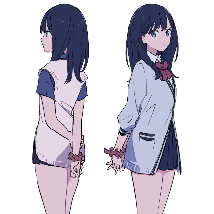 1girl black_hair black_skirt blue_eyes bow bowtie cardigan gridman_universe gridman_universe_(film) highres himagosan long_hair long_sleeves looking_at_viewer pleated_skirt red_bow school_uniform scrunchie shirt short_hair simple_background skirt smile solo ssss.gridman takarada_rikka thighs white_cardigan white_shirt wrist_scrunchie