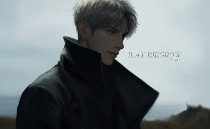 1boy black_coat character_name closed_mouth cloud cloudy_sky coat expressionless grey_hair highres ilay_riegrow male_focus ocean outdoors passion_(manhwa) plyu realistic short_hair sky solo twitter_username upper_body