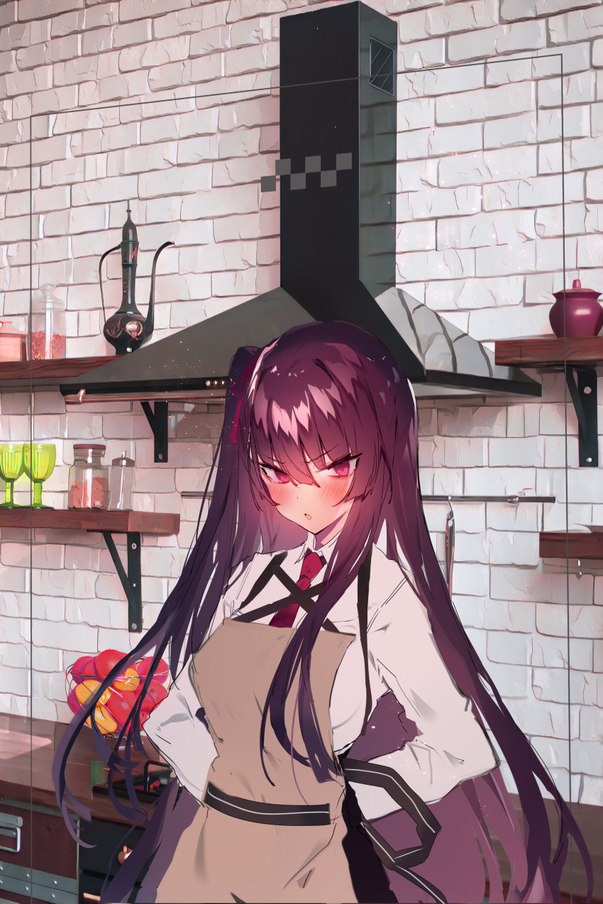 1girl absurdres apron blush brown_apron brown_ribbon collared_shirt food girls'_frontline hair_ribbon highres indoors kitchen long_hair looking_at_viewer necktie one_side_up open_mouth purple_hair red_eyes red_necktie red_ribbon ribbon shirt solo soukou_makura standing wa2000_(girls'_frontline) white_shirt