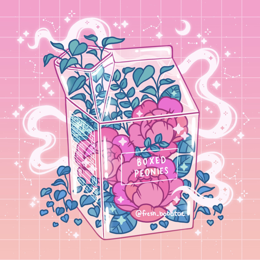 constellation crescent_moon emily_kim english_text flower gradient_background highres leaf milk_carton moon no_humans nutrition_facts original peony_(flower) pink_flower pink_theme simple_background sparkle twitter_username