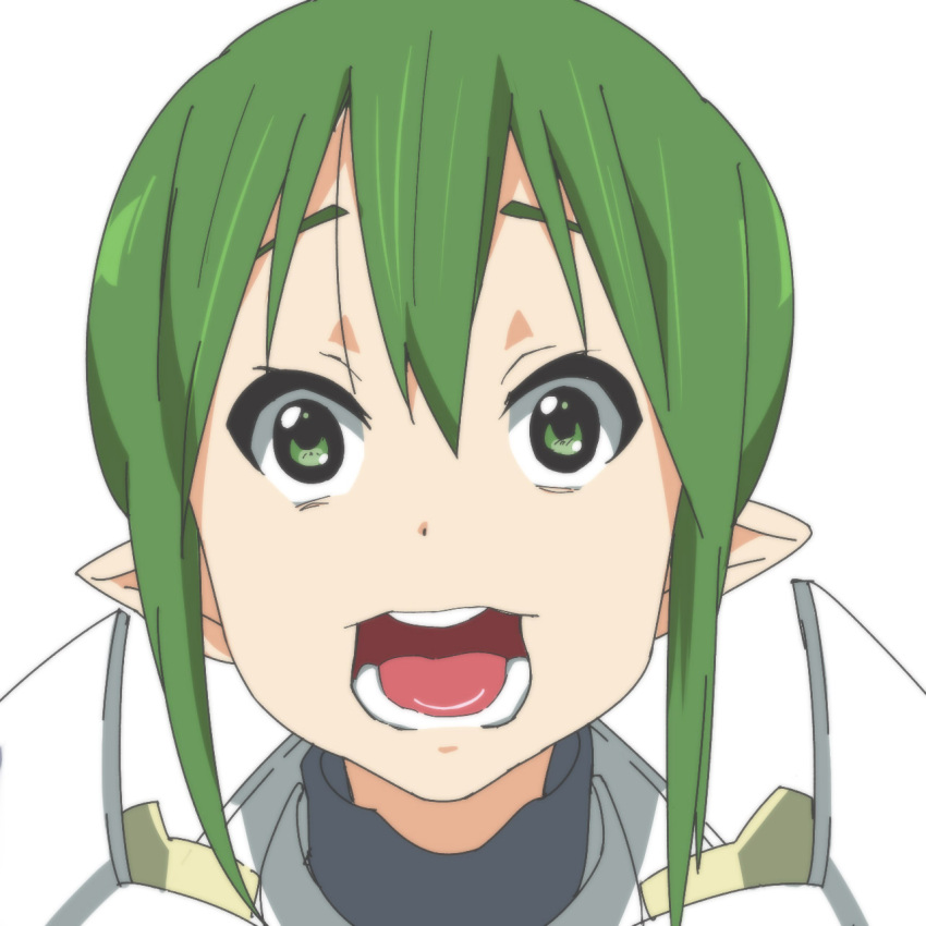 1girl armor commentary_request green_eyes green_hair hair_between_eyes highres kakifly_(style) looking_at_viewer medium_bangs open_mouth parody pauldrons pointy_ears ragnarok_online royal_guard_(ragnarok_online) short_hair shoulder_armor sidelocks simple_background solo style_parody teeth tugmix white_background