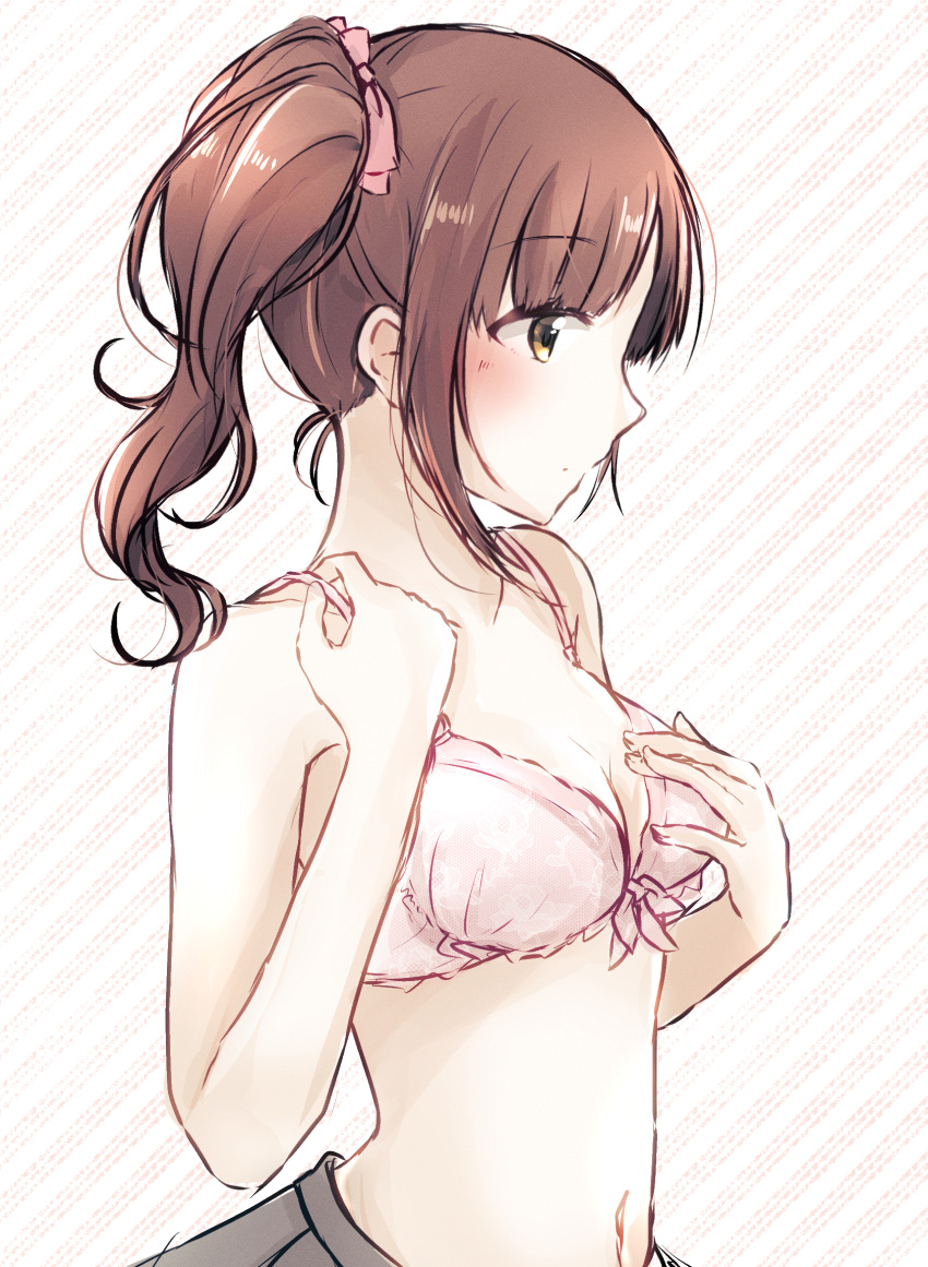 1girl adjusting_bra adjusting_clothes baran._(ba_ra_ran) bra breasts brown_hair cleavage closed_mouth collarbone from_side grey_skirt hand_on_own_chest highres idolmaster idolmaster_cinderella_girls igarashi_kyoko looking_ahead medium_breasts navel no_shirt pink_bra pleated_skirt side_ponytail sidelocks skirt solo striped_background underwear white_background yellow_eyes