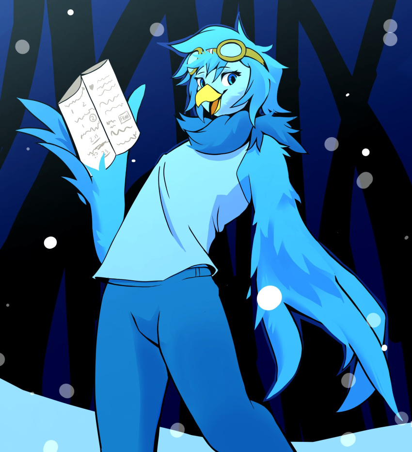 anthro avian beak bird blue_body blue_eyes blue_feathers blue_hair book bottomwear clothed clothing digital_media_(artwork) embersstudio eyewear eyewear_on_head feathered_wings feathers female goggles hair headgear hi_res looking_at_viewer martlet_(undertale_yellow) neck_tuft open_mouth smile snow solo standing tongue topwear tuft undertale_(series) undertale_yellow wings yellow_beak