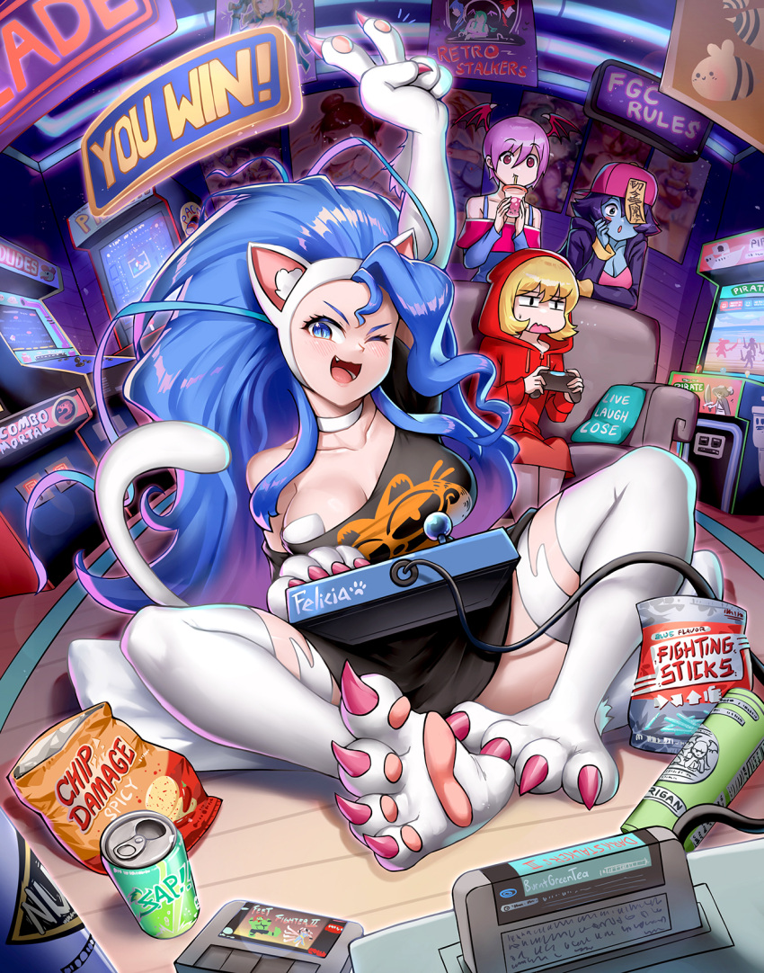 4girls animal_ears animal_feet arcade_stick artist_name backwards_hat baseball_cap black_jacket black_shirt blanka blonde_hair blue_eyes blue_hair blue_skin blush_stickers brand_name_imitation breasts bubble_tea bulleta burnt_green_tea camisole cammy_white cat_ears cat_girl character_name chun-li cleavage coat collarbone colored_skin controller cup demon_girl demon_wings drinking_straw english_commentary felicia_(vampire) game_controller garfield garfield_(character) han_juri hand_up hat highres hood hood_up hooded_coat jacket jiangshi joystick large_breasts lei_lei logo_parody long_hair morrigan_aensland mortal_kombat_(series) multiple_girls no_pants one_eye_closed pac-man pink_hat poster_(object) purple_hair red_coat rwby shirt short_hair single_bare_shoulder single_off_shoulder slit_pupils solo_focus street_fighter street_fighter_6 street_fighter_ii_(series) v vampire_(game) wings yang_xiao_long