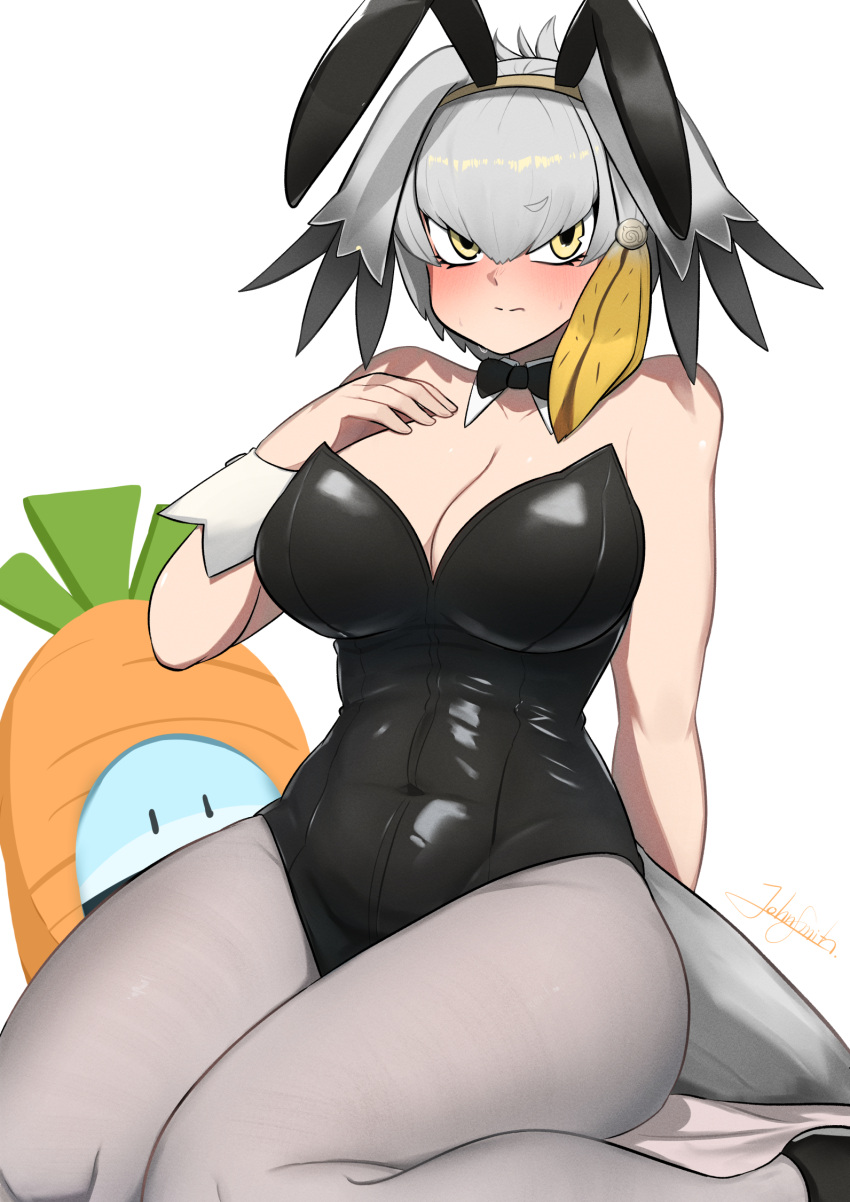 1girl animal_ears bare_shoulders bird_tail black_leotard blush bow bowtie breasts carrot cleavage closed_mouth covered_navel detached_collar fake_animal_ears grey_hair hair_between_eyes head_wings highleg highleg_leotard highres john_(a2556349) kemono_friends large_breasts leotard looking_at_viewer lucky_beast_(kemono_friends) multicolored_hair pantyhose playboy_bunny rabbit_ears shoebill_(kemono_friends) strapless strapless_leotard tail traditional_bowtie wings wrist_cuffs