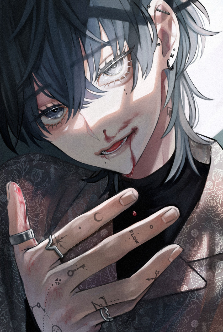 1boy absurdres bishounen blood blood_drip blood_from_mouth blood_stain commentary_request eyelashes floral_print grey_eyes grey_hair grey_jacket half-closed_eyes hand_tattoo hand_up highres jacket jewelry looking_at_viewer male_focus multiple_rings nosebleed open_mouth original pink_lips ring sidelighting solo tattoo upper_body xxx_akc