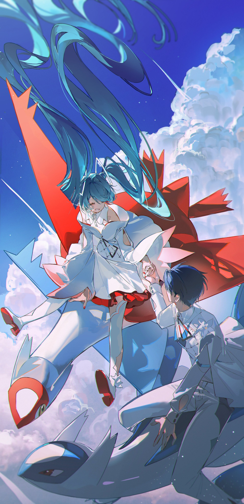 1boy 1girl :d absurdly_long_hair absurdres aqua_hair blue_hair blue_sky closed_eyes cloud cloudy_sky dress facing_another floating floating_hair full_body grin hatsune_miku highres holding_hands jacket latias latios layered_dress legs_apart long_hair long_sleeves nail_polish open_mouth pants pokemon pokemon_(creature) red_nails riding riding_animal short_hair sidelocks sky sleeveless sleeveless_dress smile teeth thighhighs very_long_hair vocaloid white_dress white_jacket white_pants white_thighhighs z3zz4