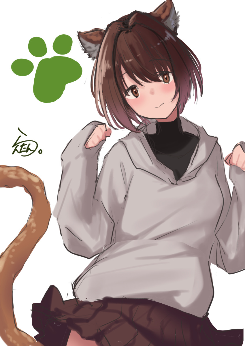 1girl absurdres alternate_costume animal_ears artist_logo brown_eyes brown_hair brown_skirt cat_ears cat_tail cowboy_shot grey_sweater highres hood hooded_sweater hyuuga_(kancolle) kantai_collection lanthan one-hour_drawing_challenge paw_pose paw_print short_hair simple_background skirt sleeves_past_wrists smile solo sweater tail undershirt white_background