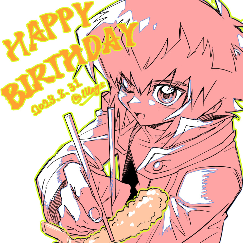 1boy :d chopsticks dated gakuran hair_between_eyes happy_birthday highres holding holding_chopsticks incoming_food joyfullegs long_sleeves male_focus monochrome one_eye_closed pink_theme sanpaku school_uniform shirt short_hair smile solo tareme thick_eyebrows upper_body yu-gi-oh! yu-gi-oh!_gx yuki_judai