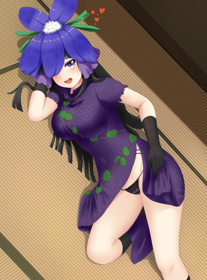 1girl black_footwear black_gloves black_hair black_panties doge_(jkdoge) dress elbow_gloves flower flower_on_head gloves heart highres indoors lifted_by_self long_hair looking_at_viewer lying open_mouth panties print_dress puffy_short_sleeves puffy_sleeves purple_dress purple_eyes short_sleeves smile solo tatami touhou underwear yomotsu_hisami