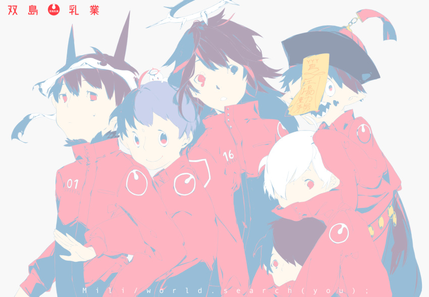 brown_hair character_request hat heterochromia horns jacket long_sleeves mili_(band) multicolored_hair ofuda open_mouth pointy_ears qc_(mili) qingdai_guanmao red_eyes red_hair red_jacket red_sousaku simple_background smile streaked_hair torino_(mili) white_background