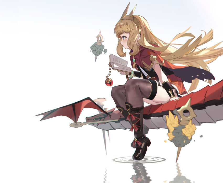 1girl blonde_hair book bracer cagliostro_(granblue_fantasy) cape crown dragon granblue_fantasy hairband highres long_hair open_book purple_eyes sitting solo spiked_hairband spikes thighhighs tiara wuzhu_nis