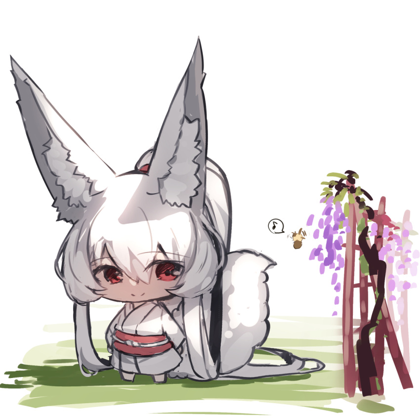 1girl absurdly_long_hair animal_ear_fluff animal_ears barefoot chibi closed_mouth commentary_request eighth_note flower fox_ears fox_girl fox_tail hair_between_eyes highres japanese_clothes kimono long_hair long_sleeves musical_note obi original ponytail purple_flower red_eyes sash simple_background smile solo spoken_musical_note standing tail very_long_hair white_background white_hair white_kimono wide_sleeves yuuji_(yukimimi)