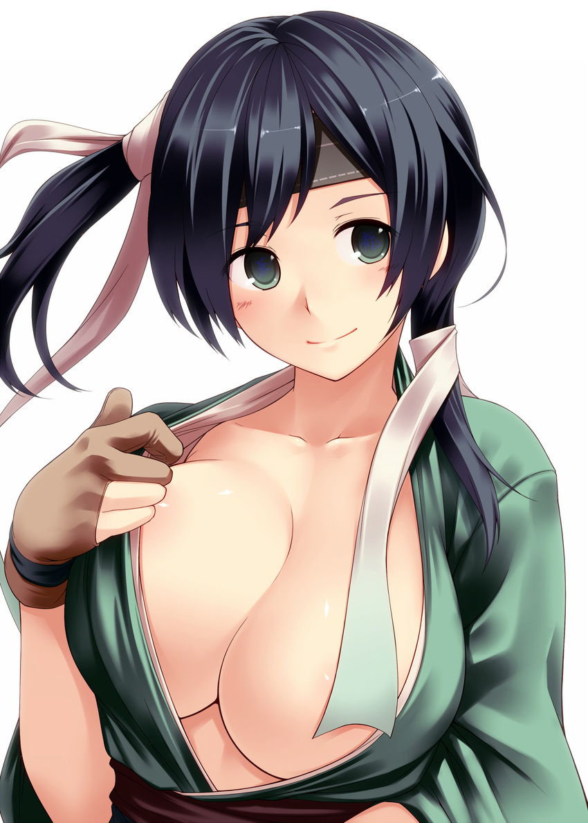 black_hair blue_eyes blush breasts cleavage gloves hair_ribbon headband highres japanese_clothes kantai_collection large_breasts partly_fingerless_gloves ribbon short_hair side_ponytail simple_background single_glove smile solo souryuu_(kantai_collection) tro twintails white_background yugake