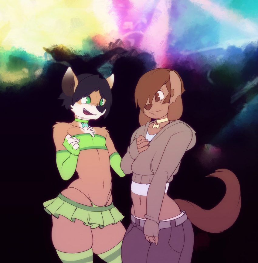 brown_eyes brown_fur canine clothing cute dog duo fingerless_gloves fox fur girly gloves green_eyes hair happy male mammal marty onta orange_fur short_hair skirt smile socks thong top underwear