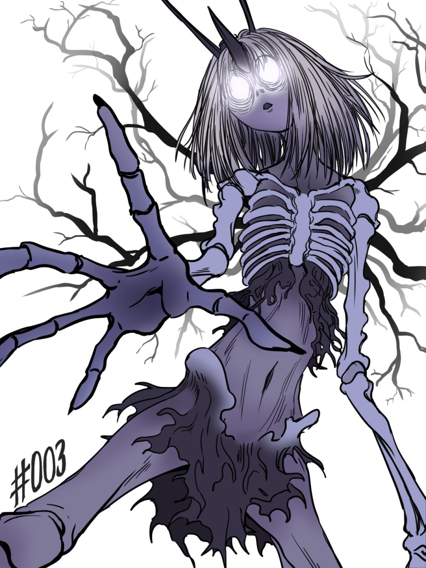 1girl bone copyright_request glowing glowing_eye glowing_eyes highres horns mefomefo monster multiple_boys navel nose pelvis plant ribs see-through_body skeleton skull thorns undead vines white_hair