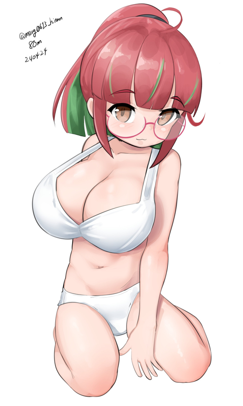 1girl absurdres ahoge bikini breasts cleavage dated green_hair highres kantai_collection kneeling large_breasts maru_(marg0613) multicolored_hair one-hour_drawing_challenge pink-framed_eyewear pink_hair ponytail short_hair simple_background solo streaked_hair swimsuit twitter_username ume_(kancolle) white_background white_bikini