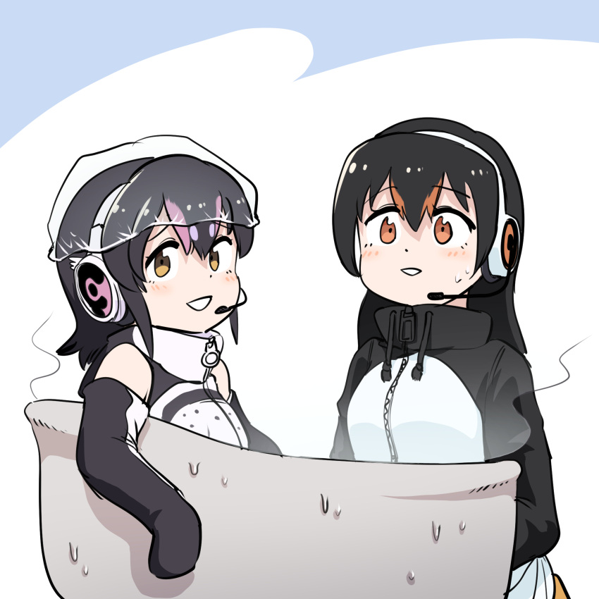 2girls bath bathing bathtub black_hair brown_eyes elbow_gloves gentoo_penguin_(kemono_friends) gloves headphones highres hood hoodie humboldt_penguin_(kemono_friends) kemono_friends kemono_friends_v_project long_hair looking_at_viewer mcgunngu microphone multiple_girls penguin_girl short_hair simple_background skirt sleeveless virtual_youtuber yellow_eyes zipper