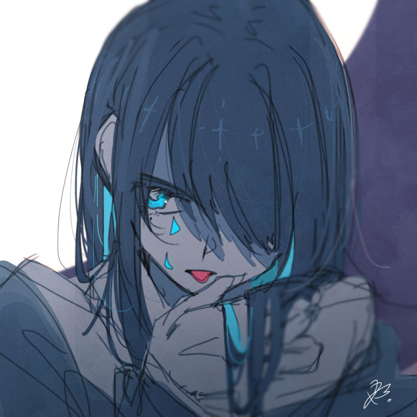 1girl ado_(utaite) black_hair blue_eyes blue_hair chando_(ado) cloud_nine_inc colored_inner_hair hair_over_one_eye hand_up hane_(kakuhane) highres limited_palette long_hair looking_to_the_side multicolored_hair portrait sidelocks signature sketch solo tongue tongue_out triangle_facial_mark