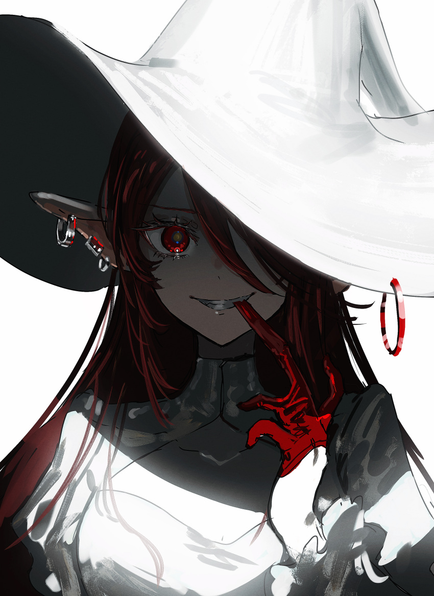 1girl absurdres earrings gawako gloves grin hat highres jewelry long_hair looking_at_viewer original pointy_ears portrait red_eyes red_gloves red_hair simple_background smile solo white_background witch_hat